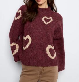 CHARLIE B - HIGH NECK KNIT SWEATER WITH HEART PLACEMENT, Color: MERLOT, Size: XS