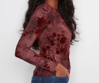 CHARLIE B - LONG SLEEVE BOAT NECK TOP WITH RUCHING AT SIDE, Color: MERLOT, Size: S