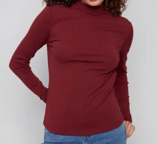 CHARLIE B - TENCEL RIB LONG SLEEVE CREW NECK TOP, Color: MERLOT, Size: S
