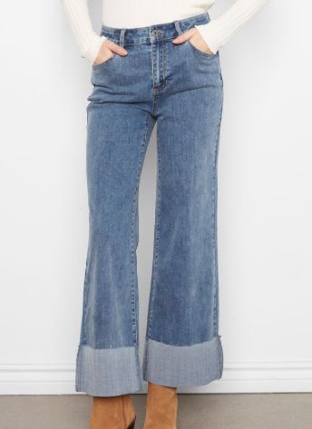 CHARLIE B - CROPPED WIDE LEG CUFFED PANTS, Color: MEDIUM BLUE, Size: 2