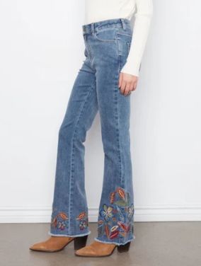 CHARLIE B - FLARE LEG STRETCH DENIM PANTS WITH COLORFUL EMBROIDERY, Color: MEDIUM BLUE, Size: 4