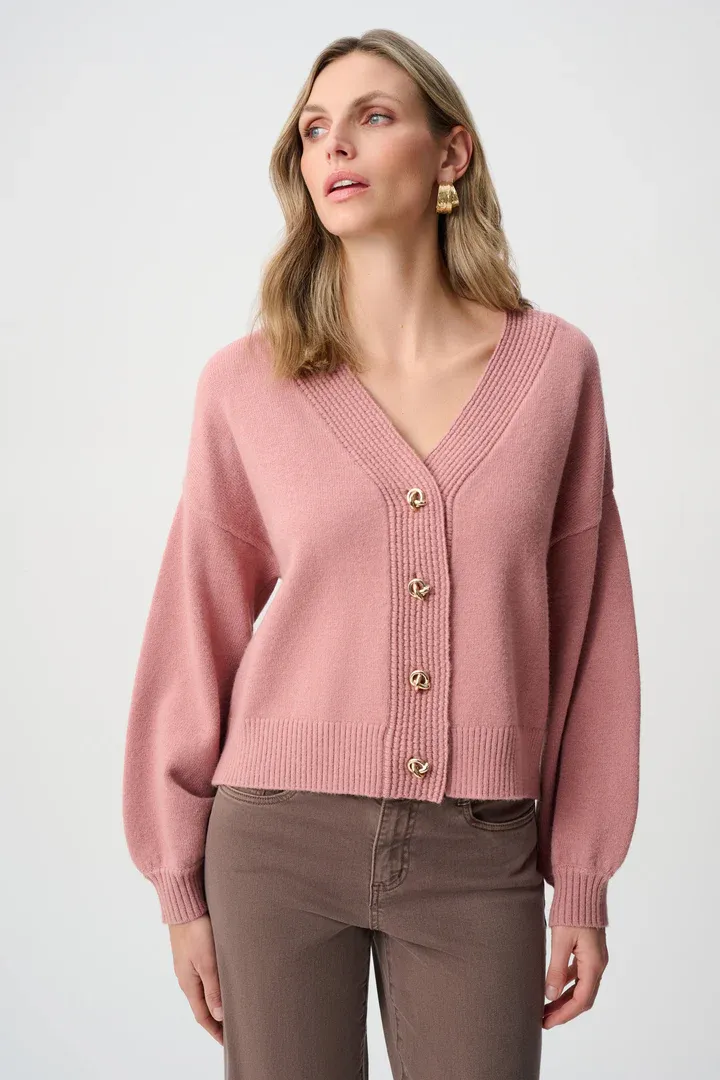 JOSEPH RIBKOFF BRUSHED KNIT VNECK CARDIGAN, Color: PINK, Size: M