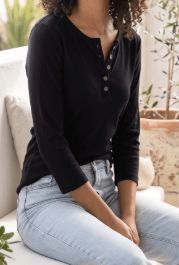 DKR - 3/4 SLEEVE HENLEY TOP, Color: BLACK, Size: S