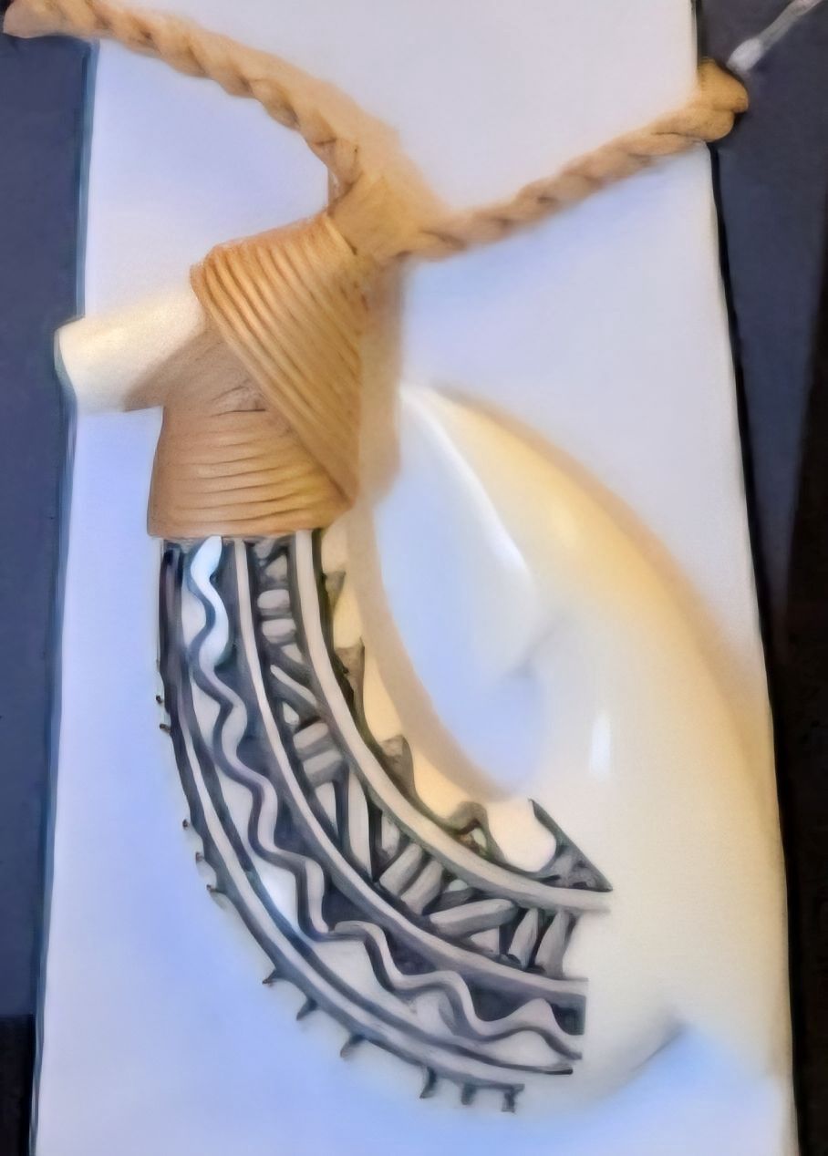 Fish Hook Carved in Bone with Tatoo Design