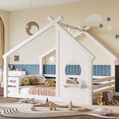 Full House Floor Bed with Window and a Small Shelf - Light White Full House Floor Bed with Window and a Small Shelf - Light White
