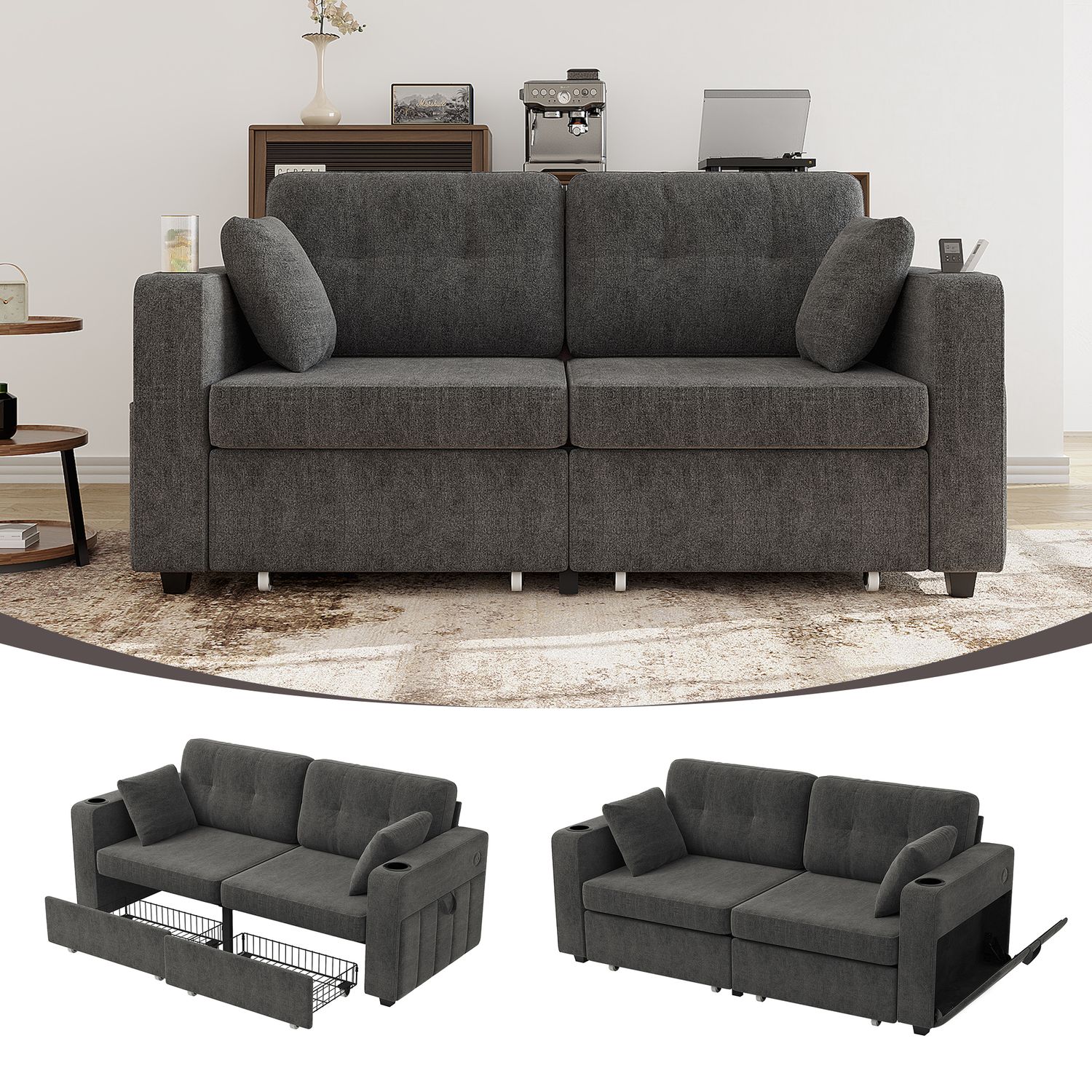 Sofas for Living Room, Couch Set, 3 Seats Sofa, USB Charging, Wood
