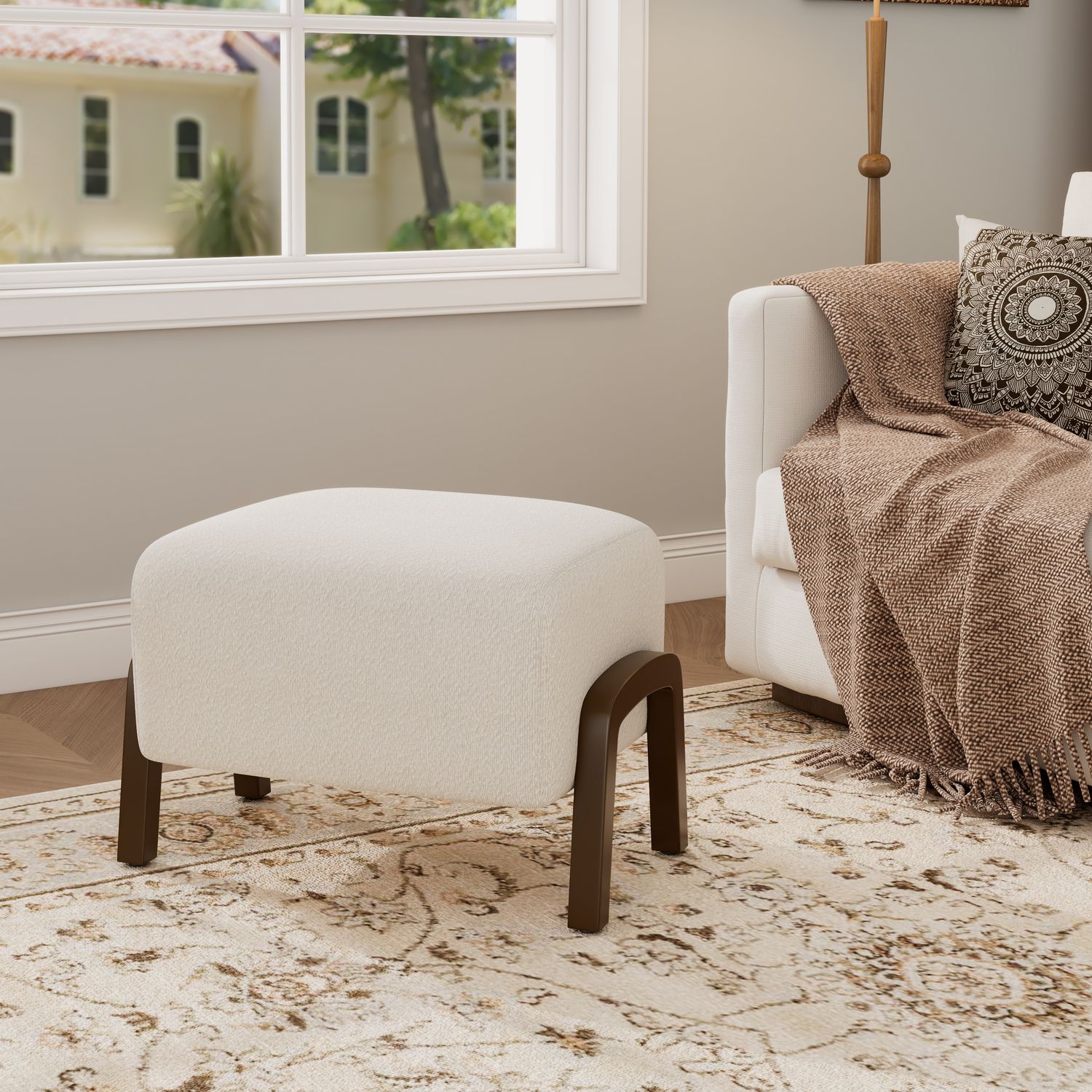 Upholstered Ottoman, Wooden Legs, White, Boucle - Dark Brown, White Upholstered Ottoman, Wooden Legs, White, Boucle - Dark Brown, White