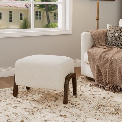 Upholstered Ottoman, Wooden Legs, White, Boucle - Dark Brown, White Upholstered Ottoman, Wooden Legs, White, Boucle - Dark Brown, White