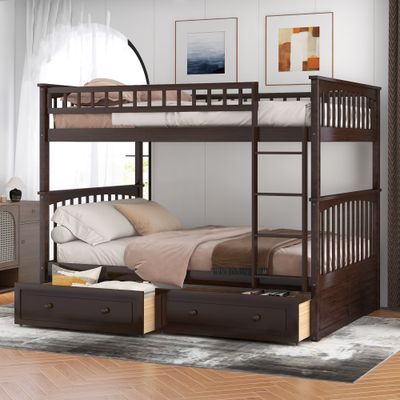 Full over Full Bunk Bed with Drawers, Convertible Beds, Espresso Full over Full Bunk Bed with Drawers, Convertible Beds, Espresso