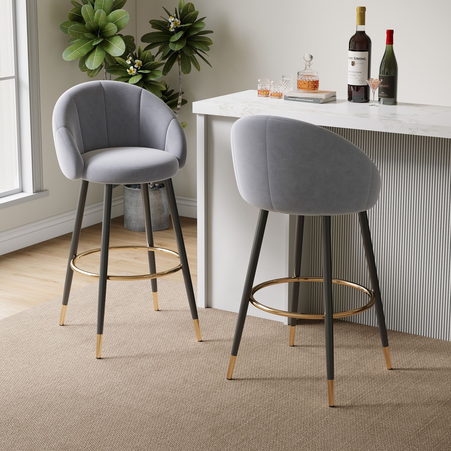 40.5 High Back, Gray Velvet & Gold Metal Bar Stool, 300lb Capacity 40.5 High Back, Gray Velvet & Gold Metal Bar Stool, 300lb Capacity