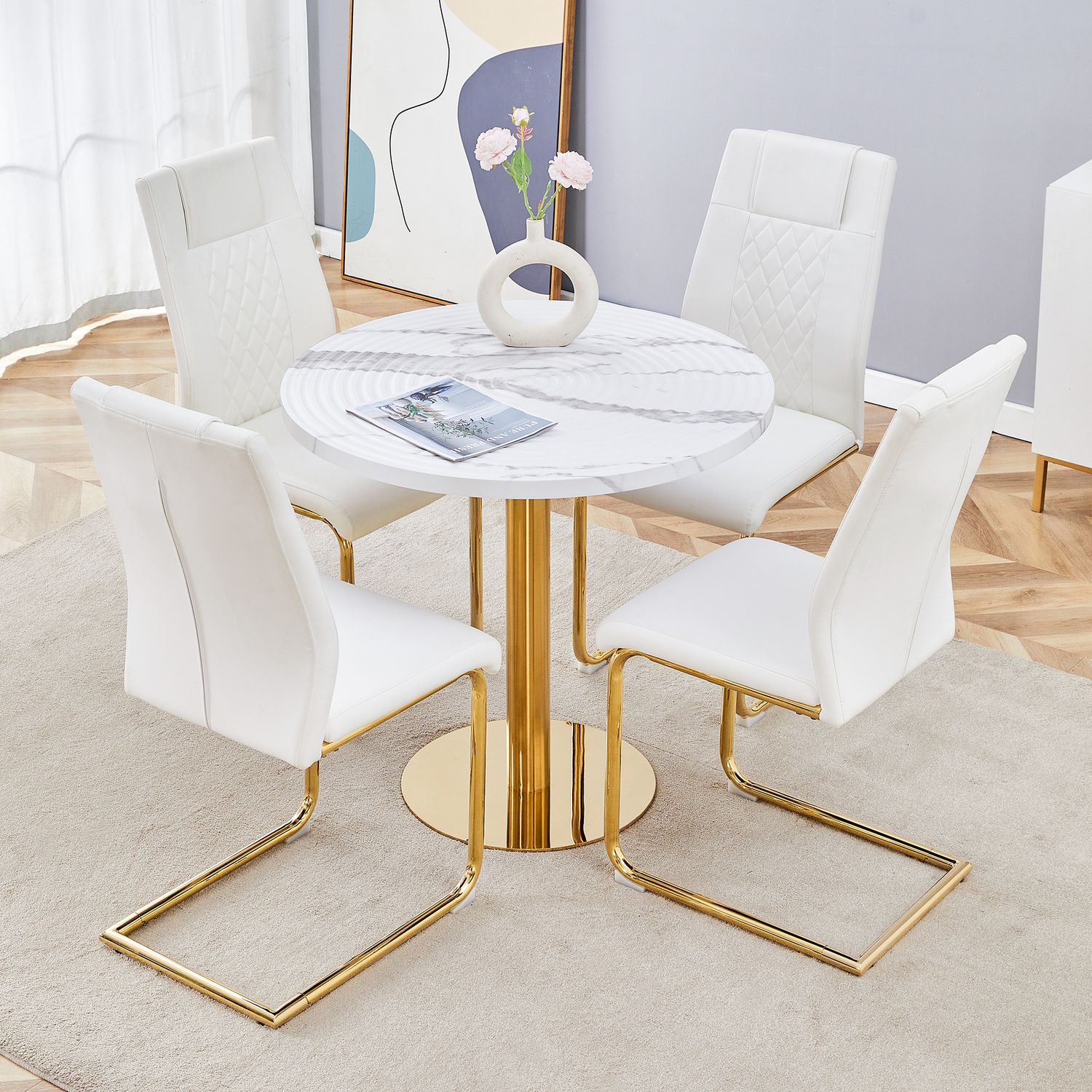 Table and chair set.31.5" Elegant White Marble Pattern Round Dining