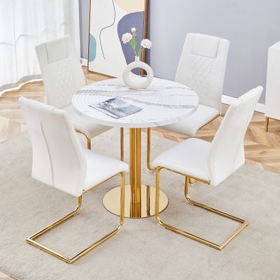 Table and chair set.31.5 Table and chair set.31.5" Elegant White Marble Pattern Round Dining