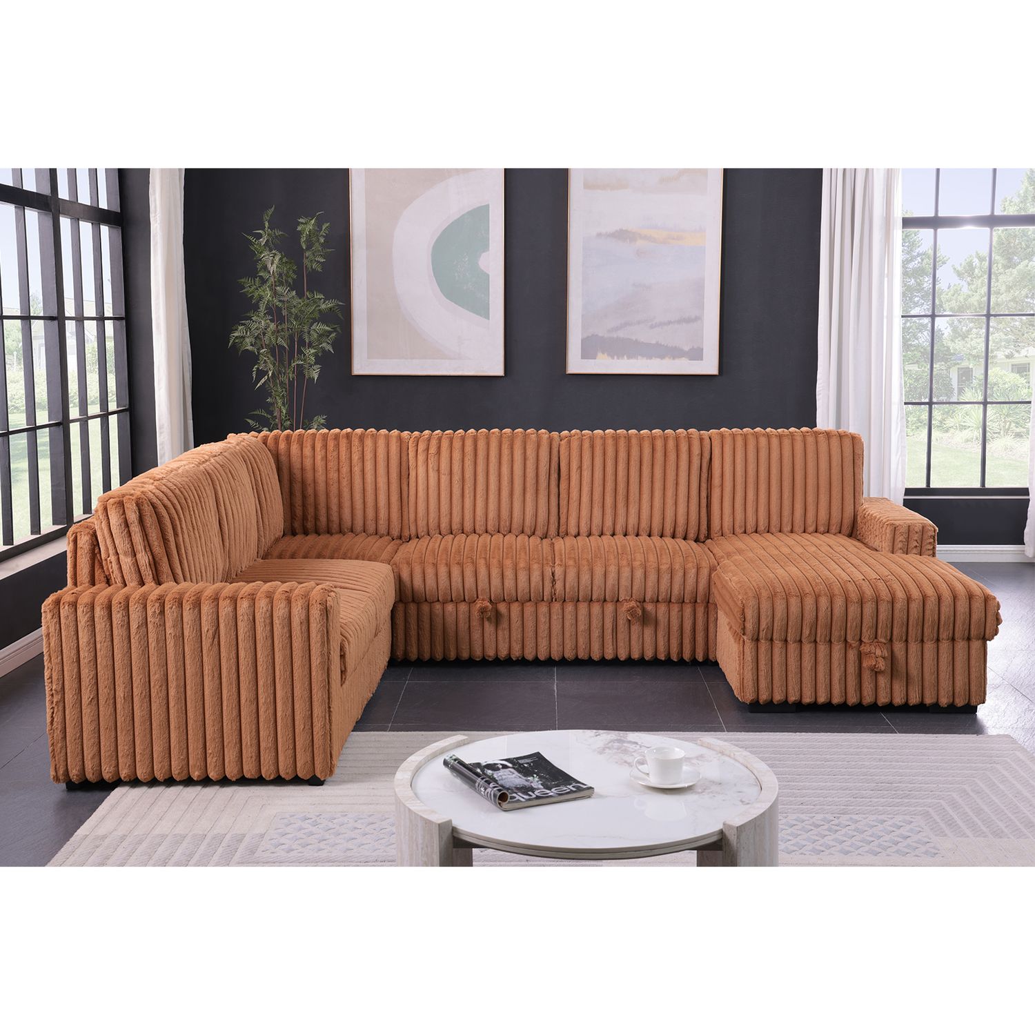 122 122" Pull Out Couch, Rabbit plush Fabric Sofa Bed Ports & Comfy
