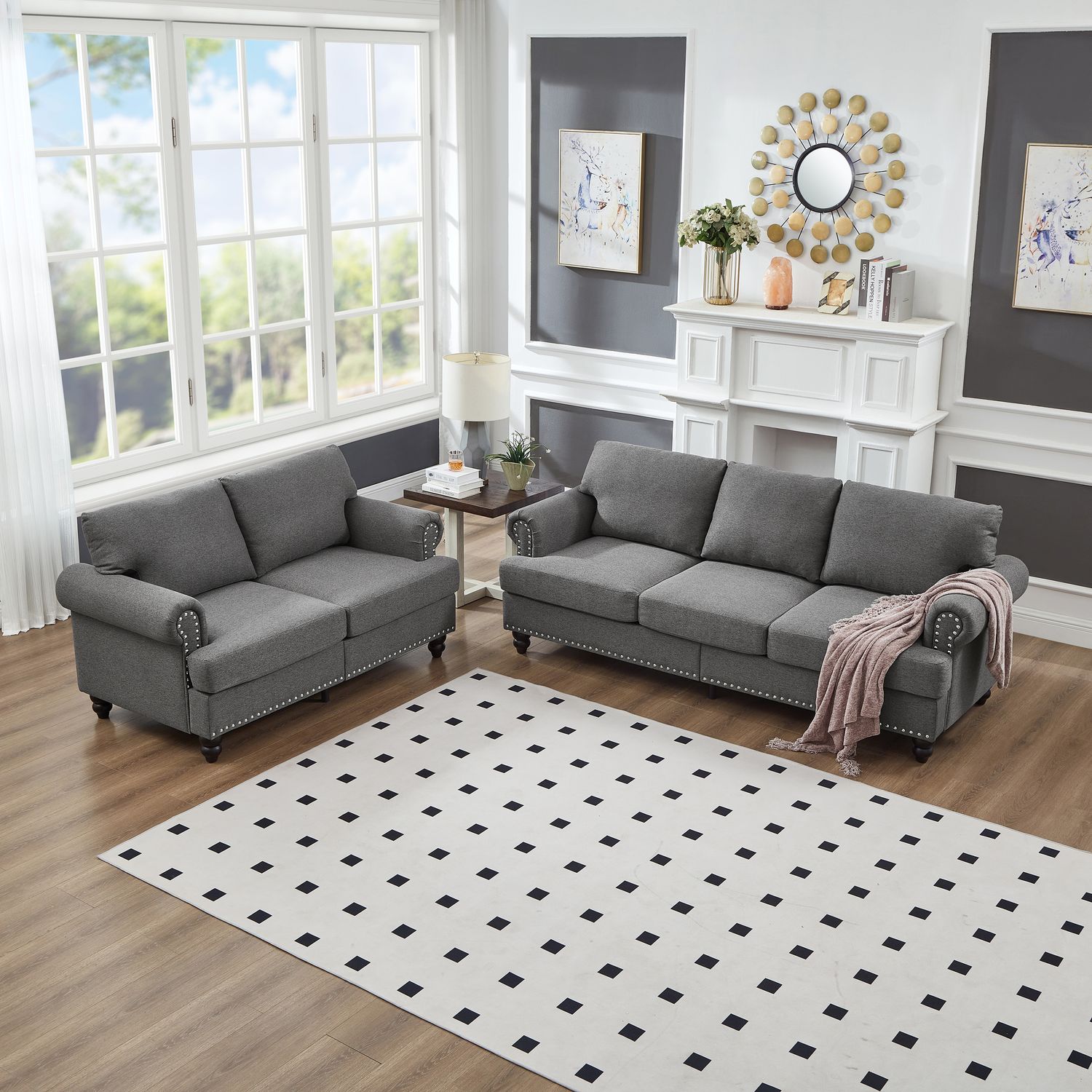 Modern Classic Design with Nails Living Room 2+3 - Seat Sofa Fabric