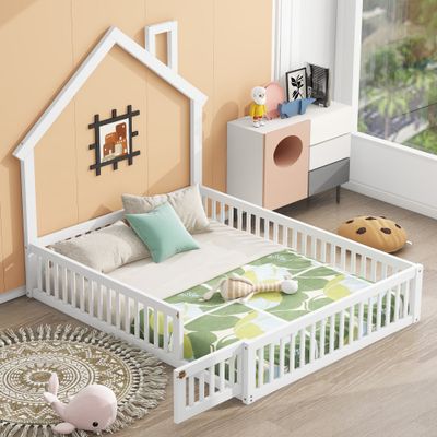 Wood Full Size House Platform Bed with Guardrail, White Wood Full Size House Platform Bed with Guardrail, White