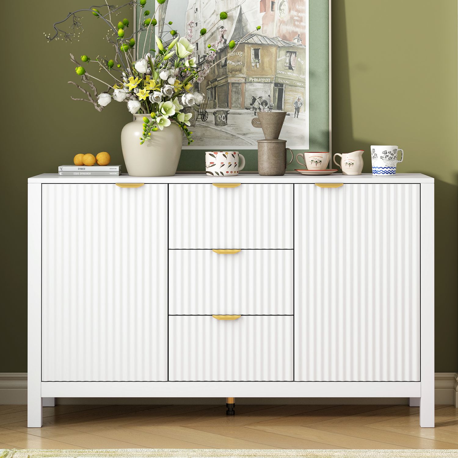 U_STYLE Sideboard with Wave Design - 3 Adjustable Shelves - White
