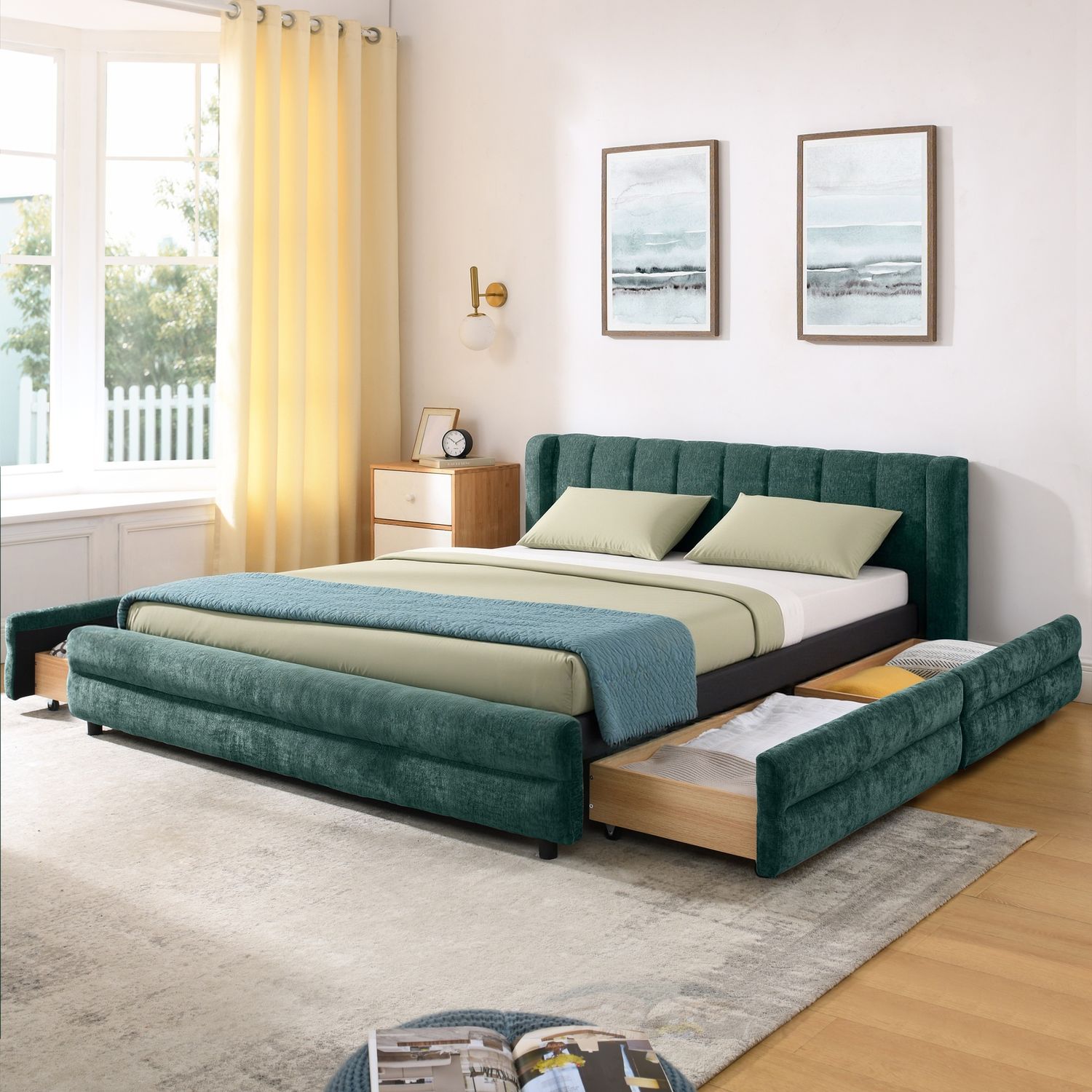 Queen Size Upholstered Bed Frame with Thick Fabric - Blue+Green Queen Size Upholstered Bed Frame with Thick Fabric - Blue+Green
