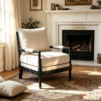 Rubber Wood Accent Chair, Upholstered Fabric Leisure Chair with High