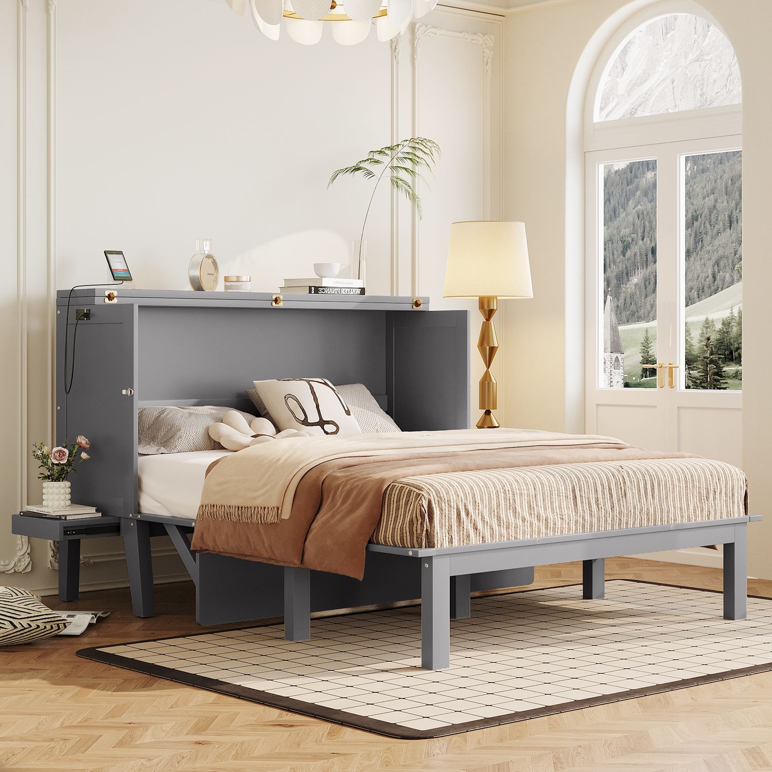 Queen Size Murphy Bed with USB Port and removable Shelves on Each Side Queen Size Murphy Bed with USB Port and removable Shelves on Each Side