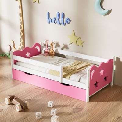 Kid's Bed Frame with star and moon decorate - Pink+White Kid's Bed Frame with star and moon decorate - Pink+White