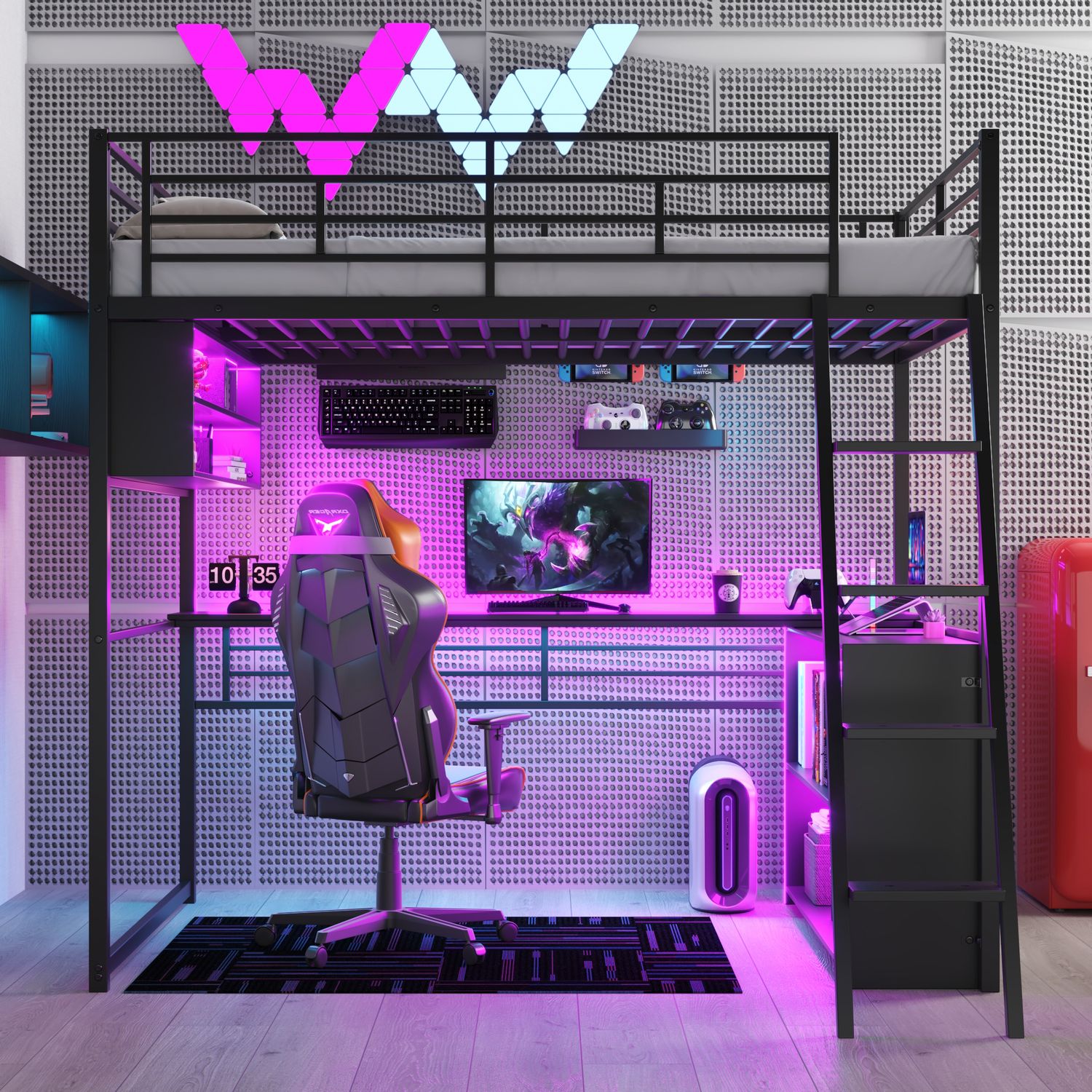 Full Size Metal Loft Bed with LED, Desk and 4 Storage Shelves, Black Full Size Metal Loft Bed with LED, Desk and 4 Storage Shelves, Black