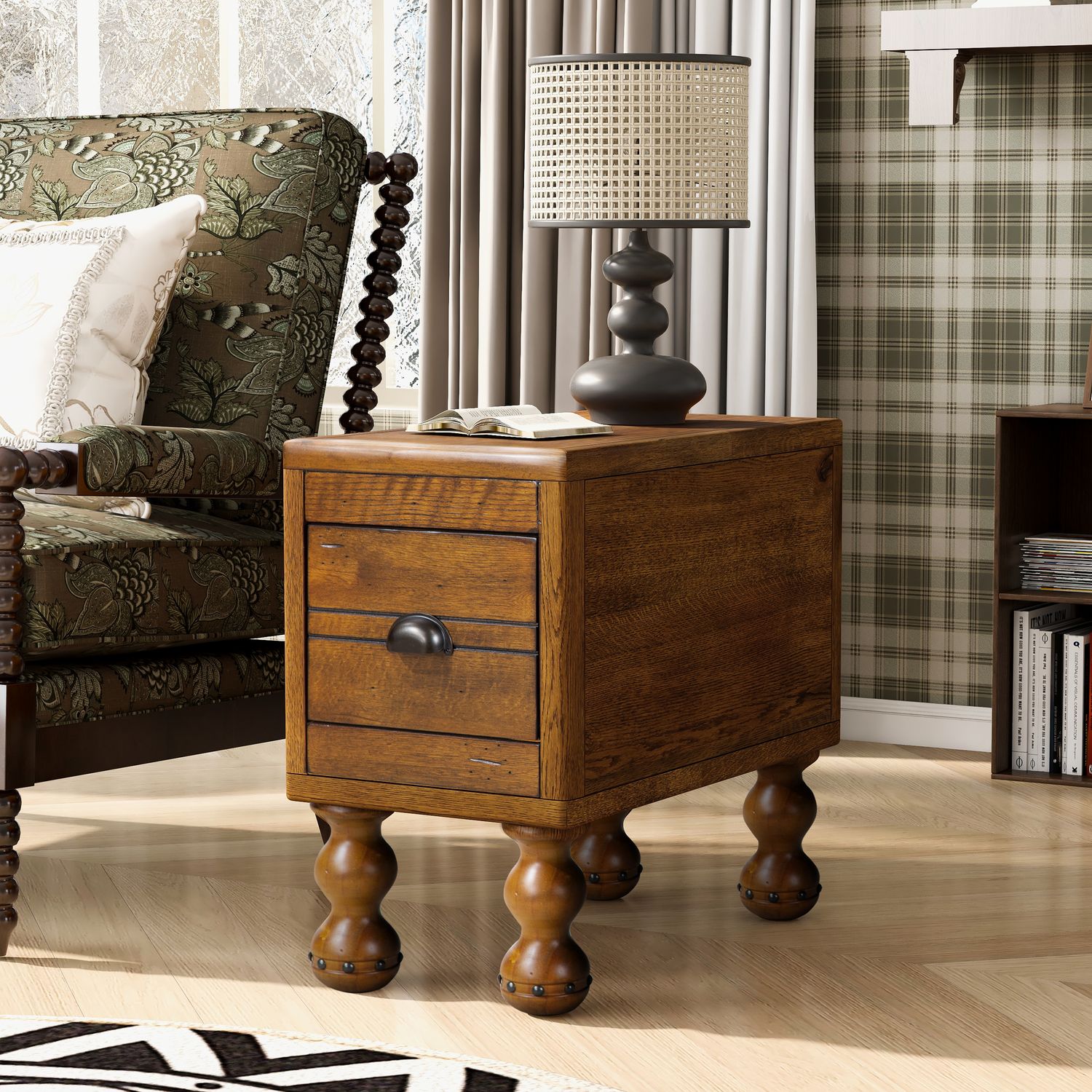 Solid Wood End Table, Rectangle 23.6" Narrow Side Table with Drawer