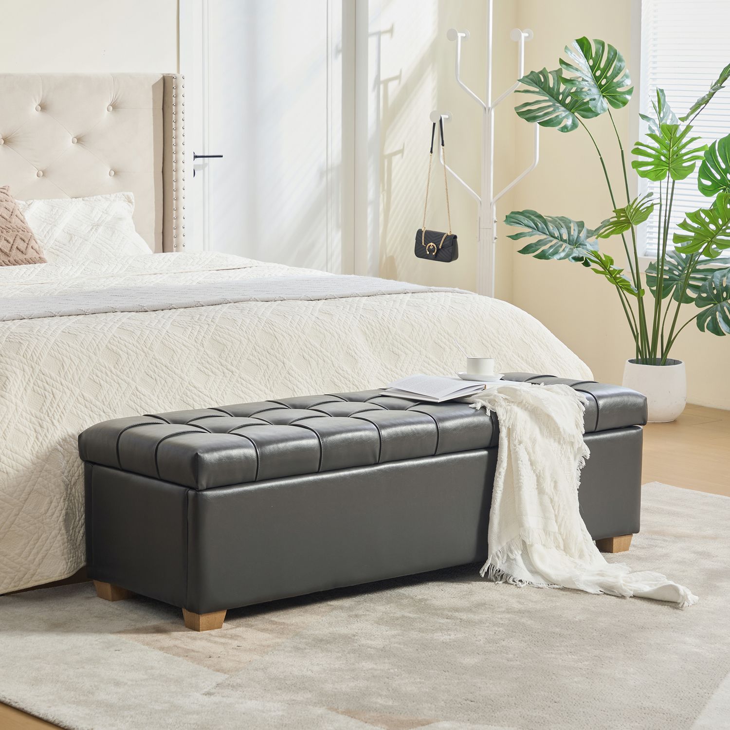 60.2'' Wide Upholstered PU Storage End of Bed Bench - Gray