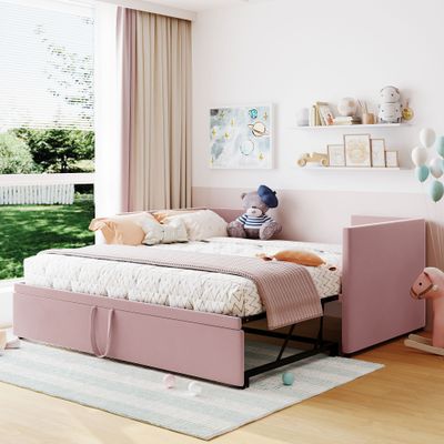 Twin Size Upholstered daybed with Pop Up Trundle, Pink Twin Size Upholstered daybed with Pop Up Trundle, Pink