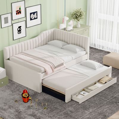 Full Size Upholstered Daybed with Trundle and Three Drawers, Beige Full Size Upholstered Daybed with Trundle and Three Drawers, Beige
