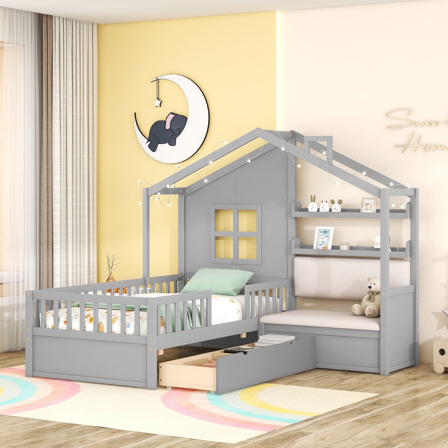 Twin Size House Bed with Sofa - Gray