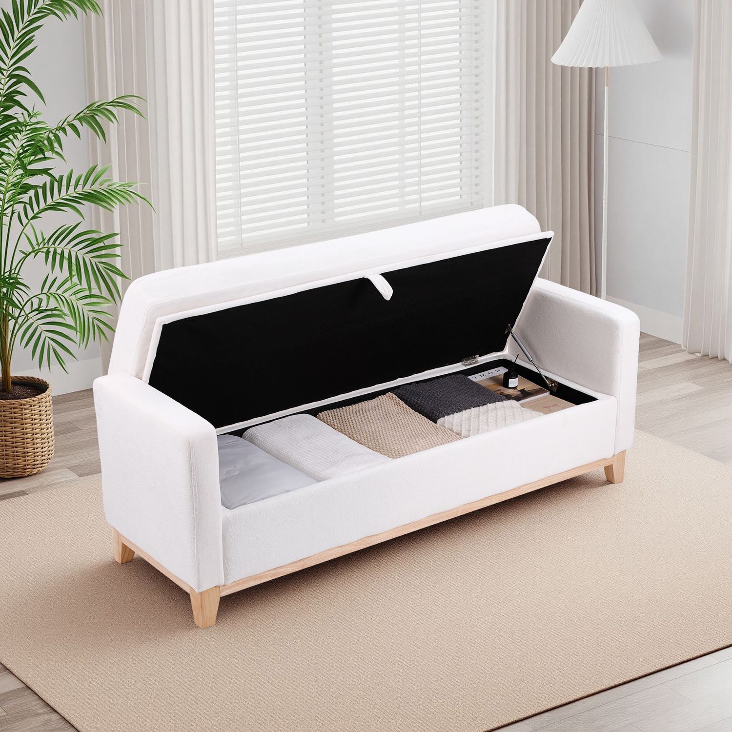 66" Beige Sherpa Storage Bench with Solid Wood Legs & 2 Bolster