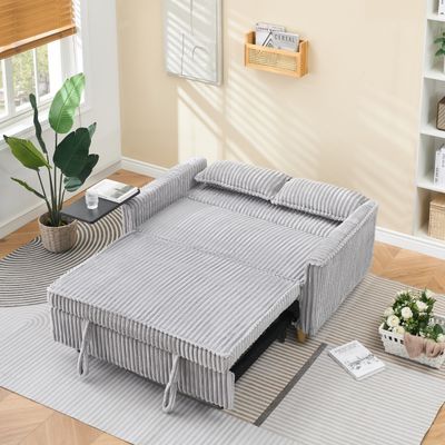 The pull - out and push - in gray corduroy sofa with dual functions The pull - out and push - in gray corduroy sofa with dual functions