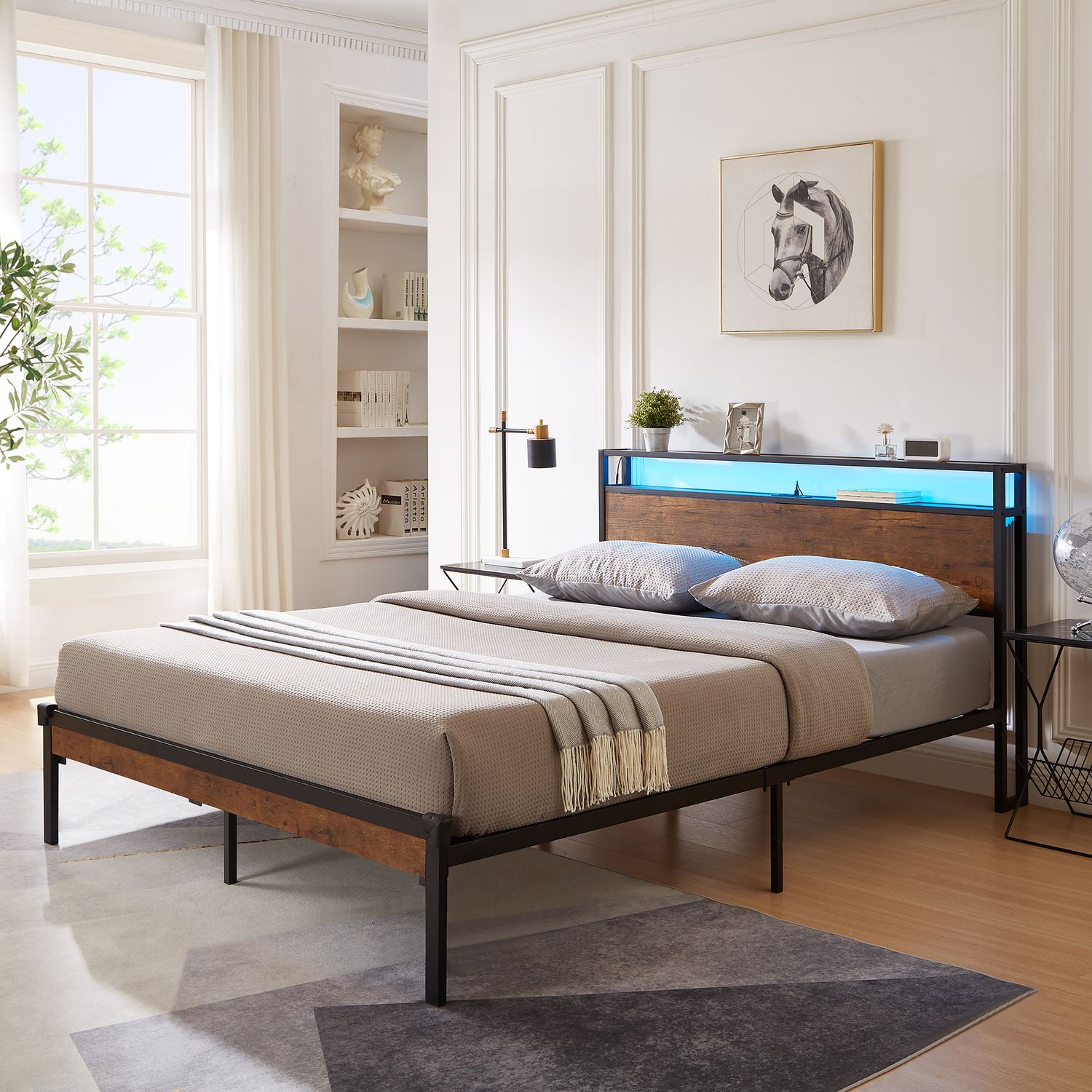 Full Size Metal Platform Bed Frame with Wooden Headboard and Footboard