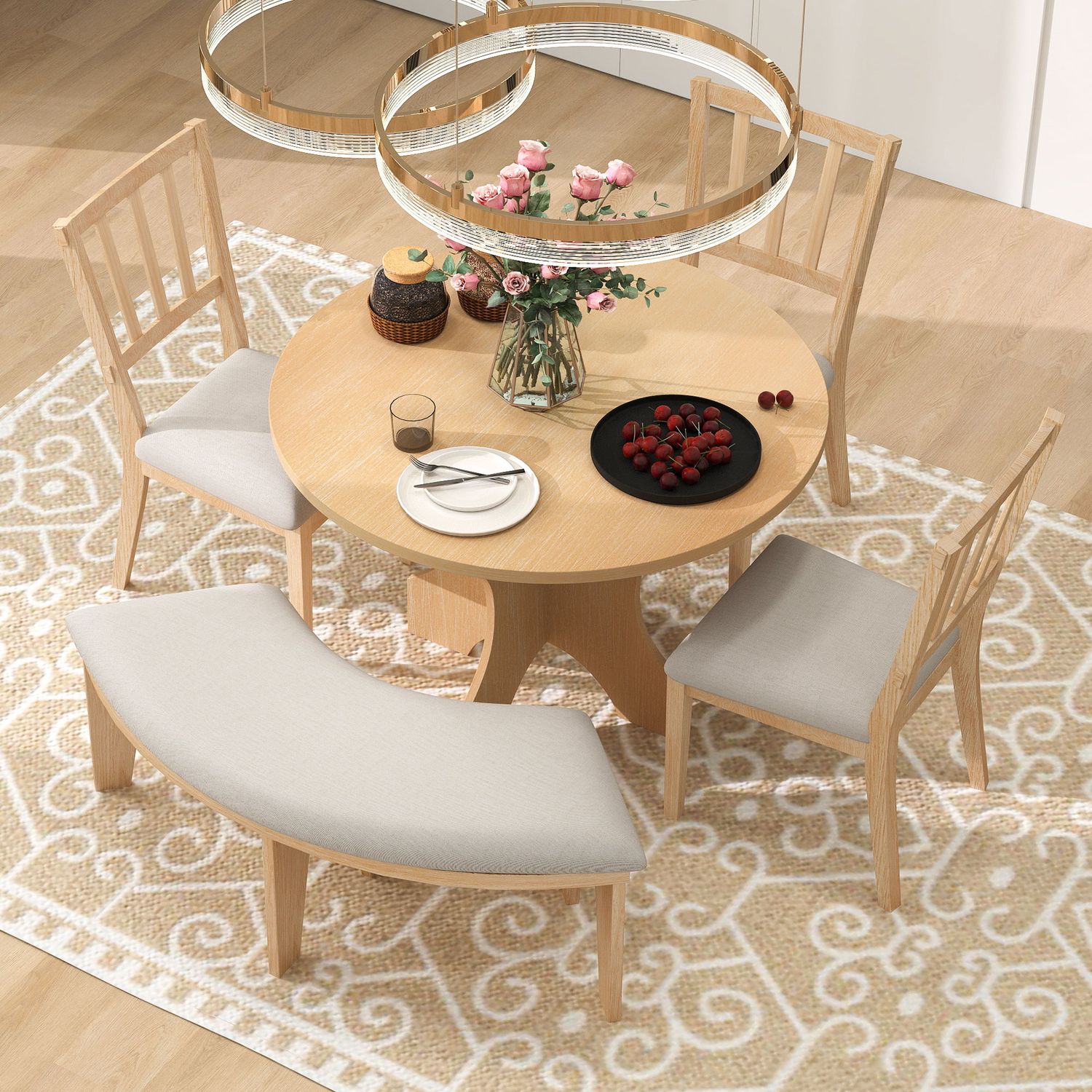 TREXM 5 - piece Rustic Charm Round Dining Set with 3 Upholstered TREXM 5 - piece Rustic Charm Round Dining Set with 3 Upholstered
