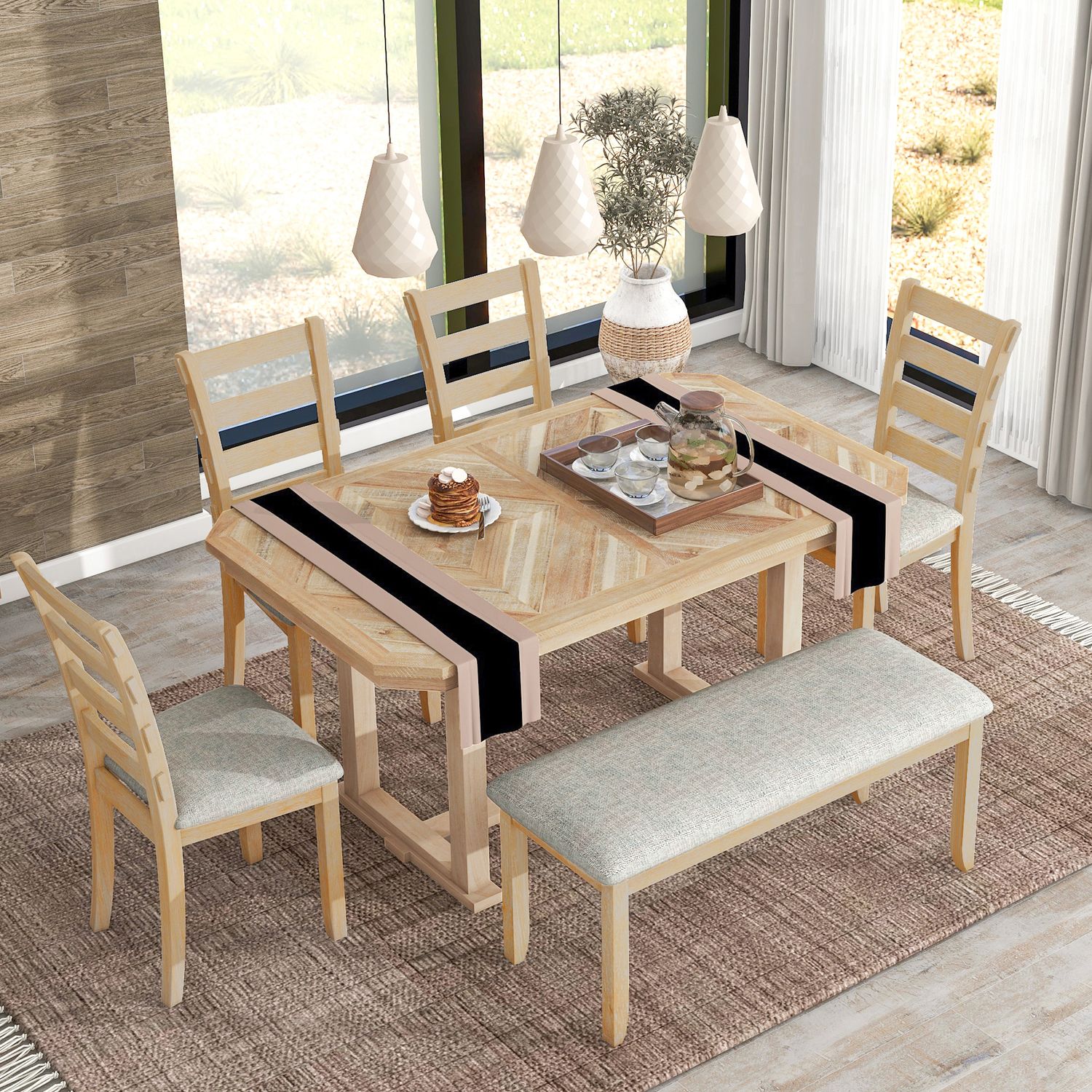 TREXM 6 - Piece Rubber Wood Dining Table Set with Beautif - Natural