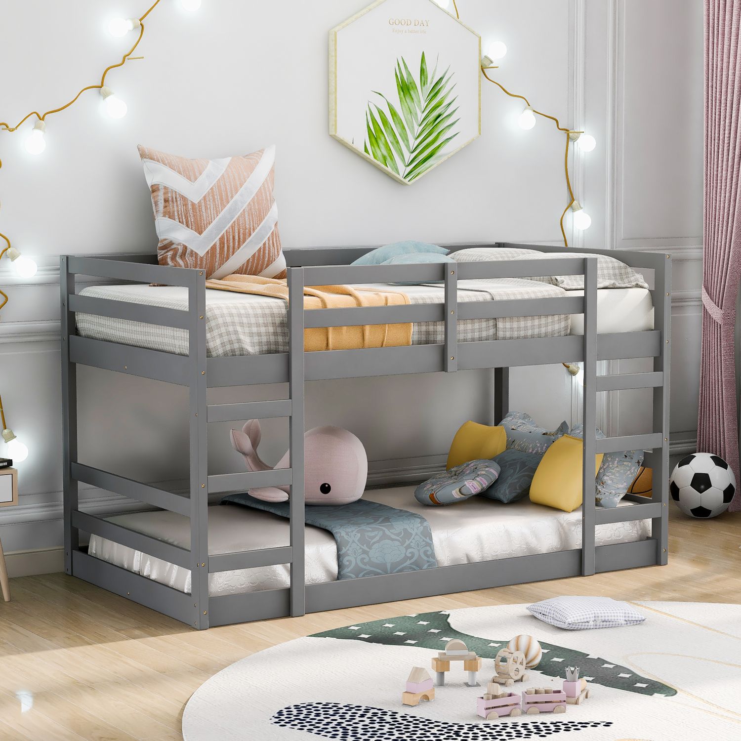 Twin Over Twin Bunk Bed with Ladder, Gray Twin Over Twin Bunk Bed with Ladder, Gray