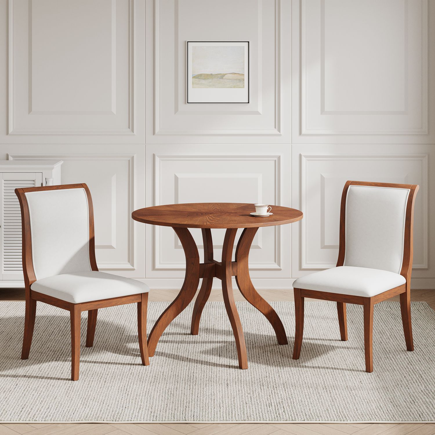 Walnut Dining Table Set:39.4 Round Table + 2 Chairs - White+Walnut Walnut Dining Table Set:39.4 Round Table + 2 Chairs - White+Walnut