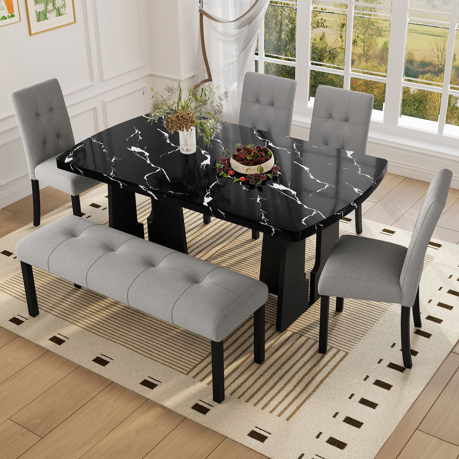 6 Piece Modern Dining Table Set - Black+ Gray 6 Piece Modern Dining Table Set - Black+ Gray