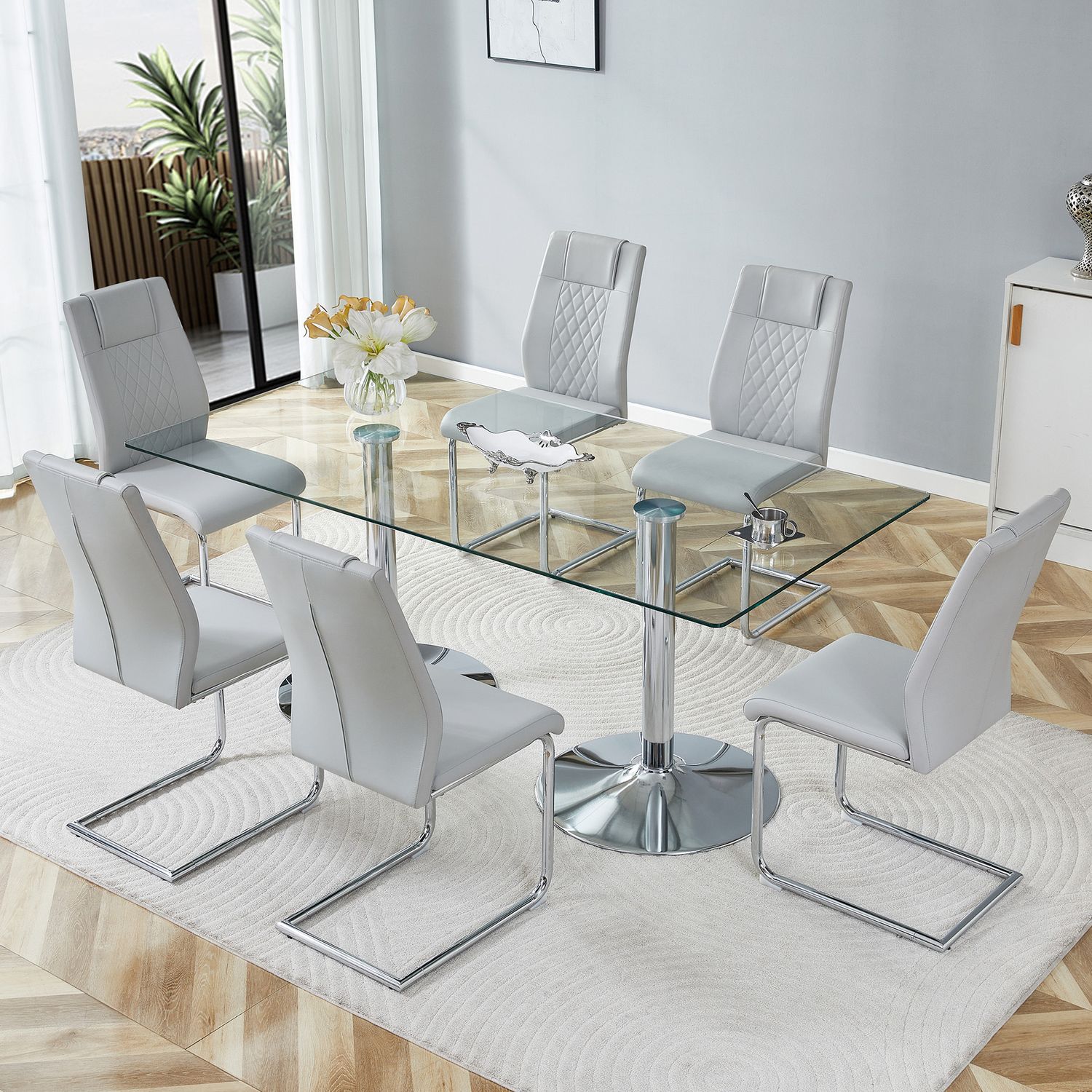 Table and chair set.71" x 35.4 - inch tempered glass table