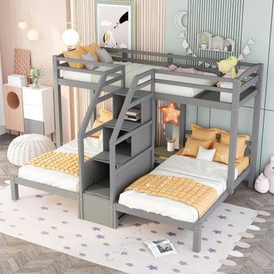 Twin over Twin & Twin Bunk Bed with Built - in Staircase and Storage Twin over Twin & Twin Bunk Bed with Built - in Staircase and Storage