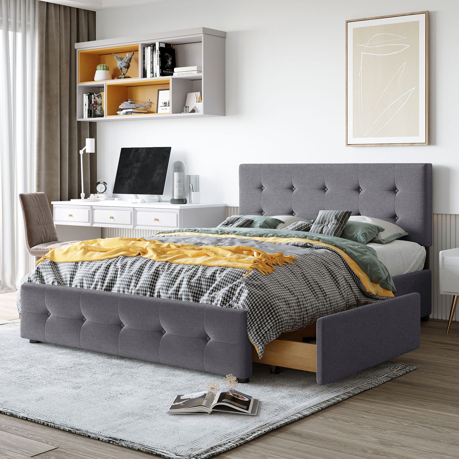 Upholstered Platform Bed with Classic Headboard and 4 Drawers - Dark Upholstered Platform Bed with Classic Headboard and 4 Drawers - Dark