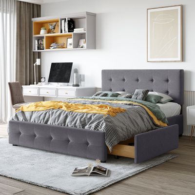 Upholstered Platform Bed with Classic Headboard and 4 Drawers - Dark Upholstered Platform Bed with Classic Headboard and 4 Drawers - Dark