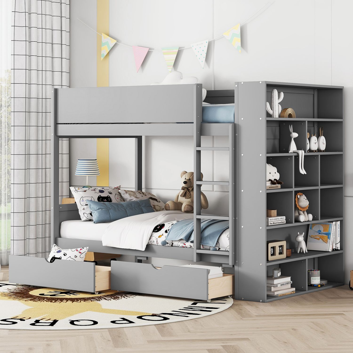 Twin over Twin Bunk Bed With 2 Drawers and Multi - layer Cabinet, Gray Twin over Twin Bunk Bed With 2 Drawers and Multi - layer Cabinet, Gray
