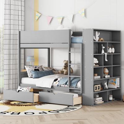 Twin over Twin Bunk Bed With 2 Drawers and Multi - layer Cabinet, Gray Twin over Twin Bunk Bed With 2 Drawers and Multi - layer Cabinet, Gray