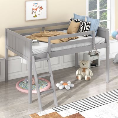 Twin Size Wood Low Loft Bed with Ladder - Gray Twin Size Wood Low Loft Bed with Ladder - Gray