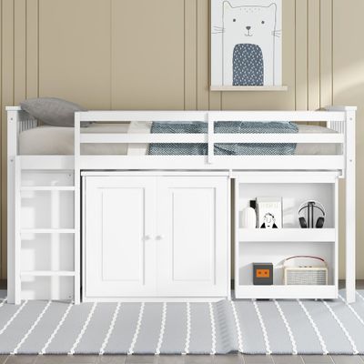 Twin Loft Bed with Storage Cabinet - White Twin Loft Bed with Storage Cabinet - White