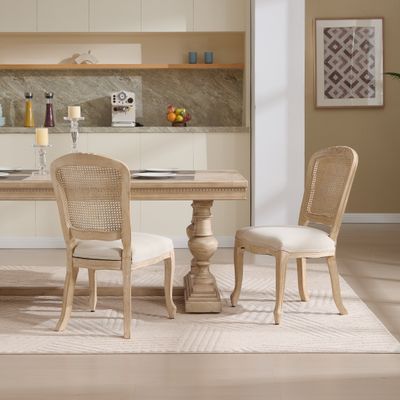 French Country Dining Chairs Set of 2 - Beige - Cotton Linen, Rattan French Country Dining Chairs Set of 2 - Beige - Cotton Linen, Rattan