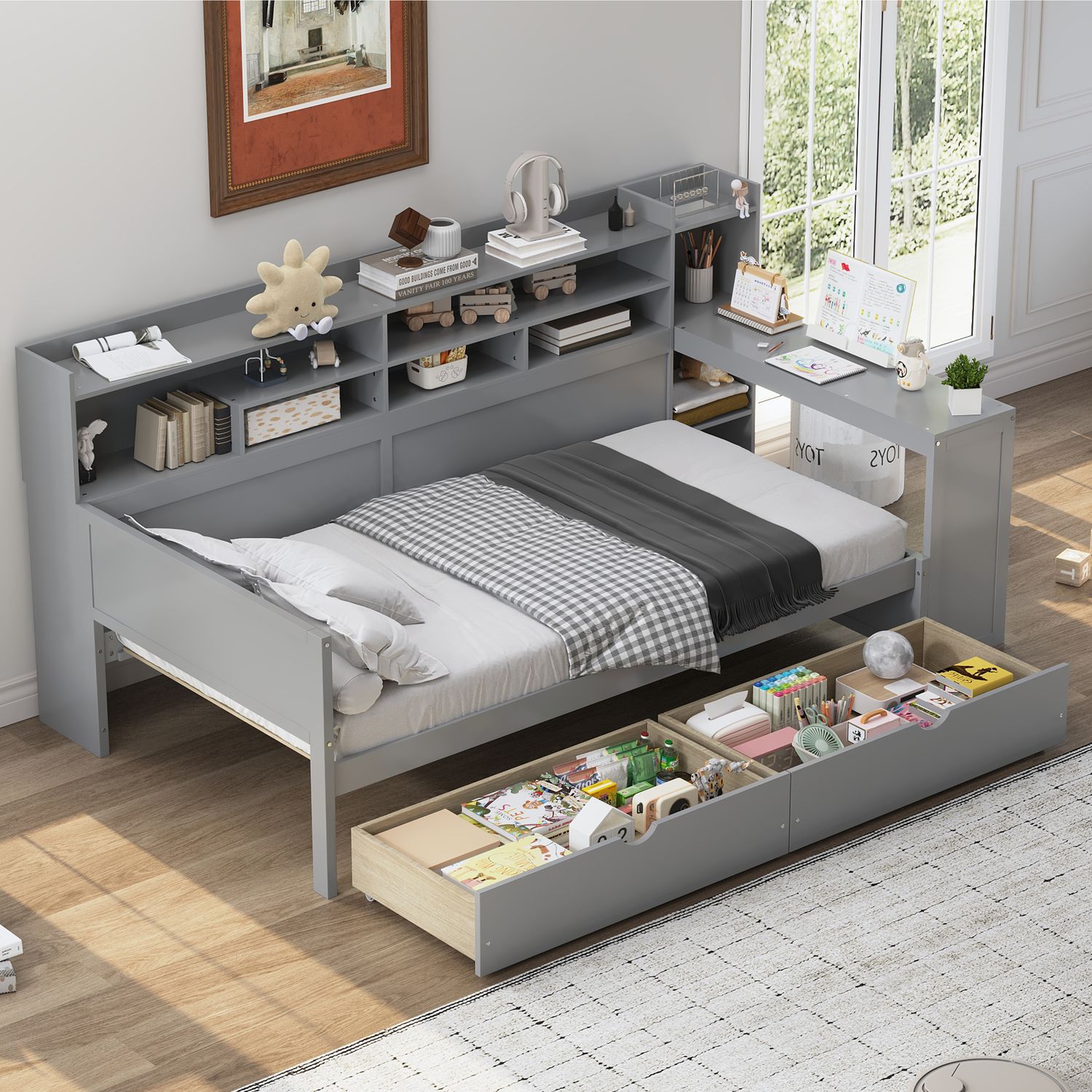 Wooden Twin Size Daybed with Storage Shelves - Gray