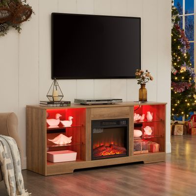 TV Stand Electric Fireplace Glass Shelves - Oak TV Stand Electric Fireplace Glass Shelves - Oak