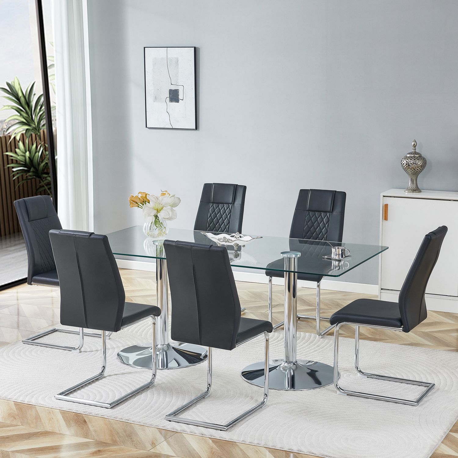 Table and chair set. 71" x - Black, Silver, Transparent - Model